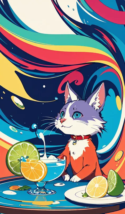 (flat color:1.1),(colorful:1.3),(masterpiece:1.2), best quality, masterpiece, original, extremely detailed wallpaper, looking at viewer,Abstract, 8K, photo shot from front, mid-body portrait, highly-detailed, lots of delicious tropical fruits with drops of moisture on table, a lot of details,floating colorful water,, mysterious expression,stuart little, in a modern and abstract setting, with bold and colorful abstract art, blurred background, bright lighting,