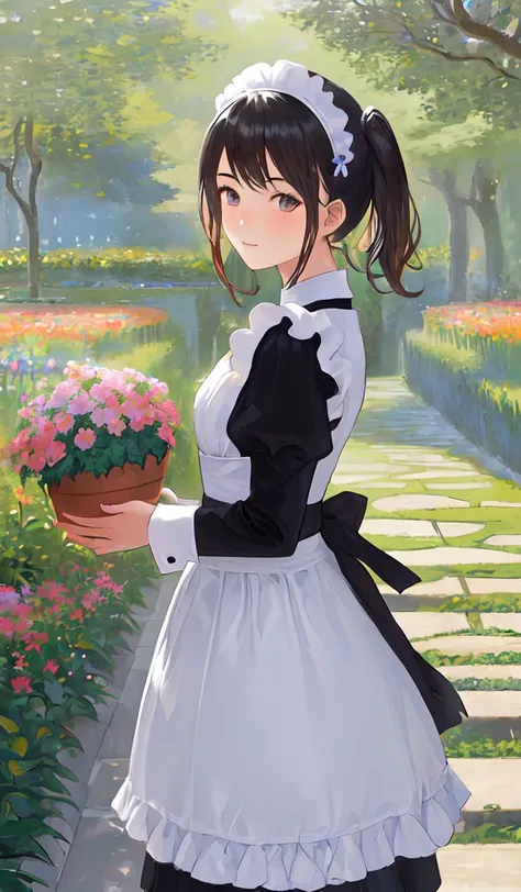 (1girl:1.5),garden,monet,impressionist,flower,garden,grass,stone step road,flowerpot,birch,maid,[doctor] cat's ear,up close,holding a flower basket,rich gradient,extreme colors,extreme details,clear light perception,