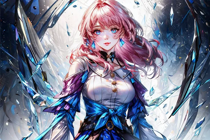 masterpiece, (photorealistic:1.4), best quality, beautiful lighting, march 7th \(honkai: star rail\), 1girl, solo, beautiful girl, pink hair, perfect face, perfect eyes, detailed clothes, blue skirt, skirt, blue shirt, detached sleeves, white shirt, blue eyes, long hair, blush, breasts, (looking at viewer), small breasts, earrings, star earrings, intricate, high detail, sharp focus, dramatic, beautiful eyes, (RAW photo, 8k uhd, film grain), caustics, smile, subsurface scattering, reflections, detailed face, beautiful face, beautiful eyes, standing, ice, <lora:march_7th__honkai _star_rail__offset:1> <lora:add_detail:1>