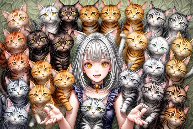 too many cute cats on the house, use your imagination, evenly mix cats and cat races in same proportions, world wide cats, don't forget to add some kitten, all faces of cats must be different, use all spectre of your different emotions from happiness to anger, do what you want and how you want, old cats and kitten don't forget them but keep variety balance, <lora:add_detail:2>