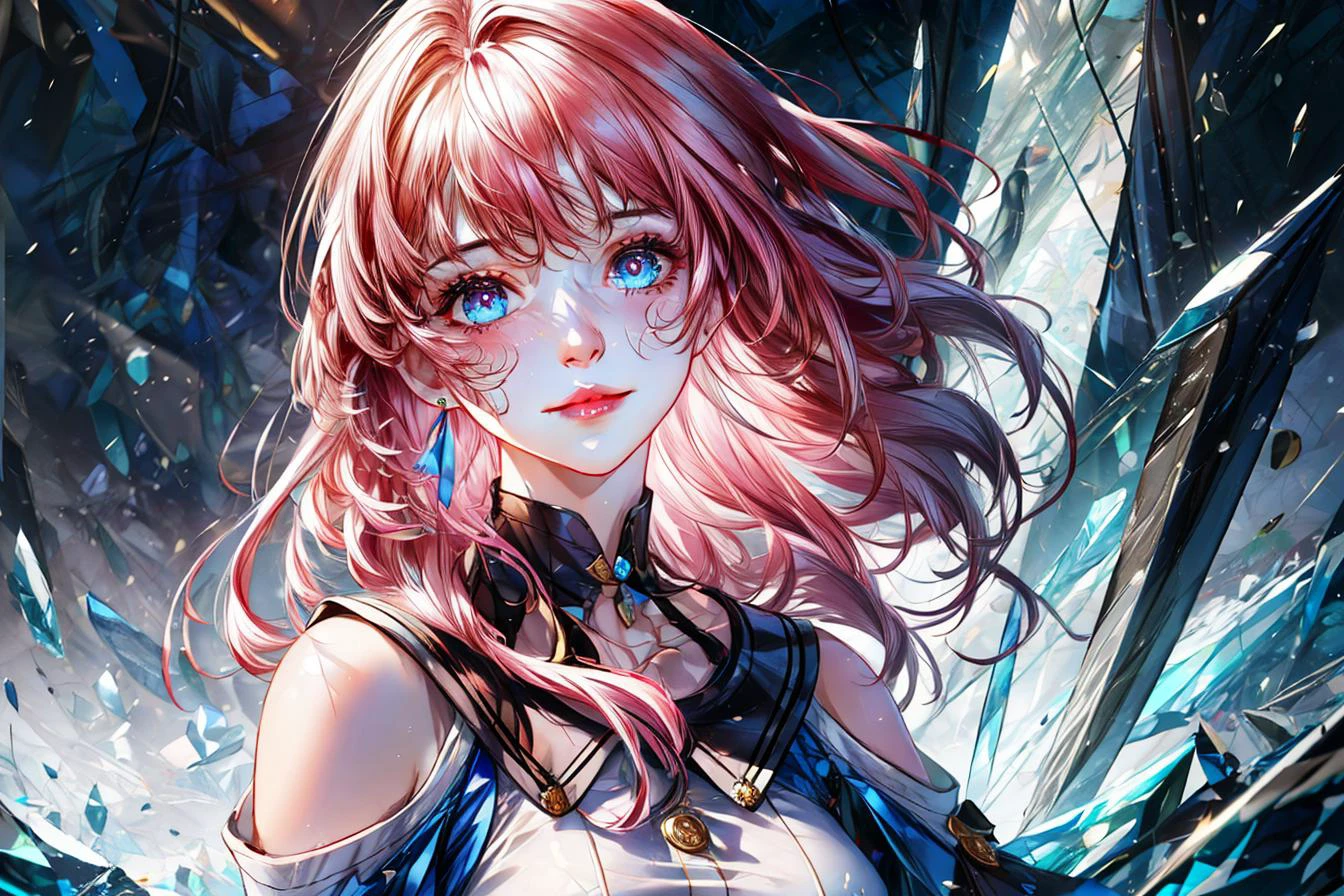 masterpiece, (photorealistic:1.4), best quality, beautiful lighting, march 7th \(honkai: star rail\), 1girl, solo, beautiful girl, pink hair, perfect face, perfect eyes, detailed clothes, blue skirt, skirt, blue shirt, detached sleeves, white shirt, blue eyes, long hair, blush, breasts, (looking at viewer), small breasts, earrings, star earrings, intricate, high detail, sharp focus, dramatic, beautiful eyes, (RAW photo, 8k uhd, film grain), caustics, smile, subsurface scattering, reflections, detailed face, beautiful face, beautiful eyes, standing, ice, <lora:march_7th__honkai _star_rail__offset:1> <lora:add_detail:1>