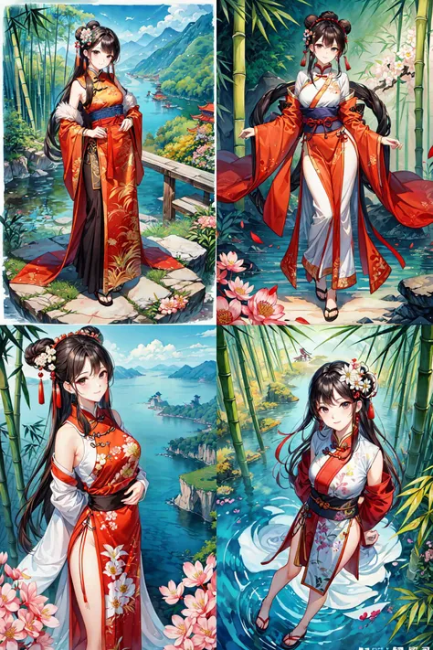 ((tachi-e)), original,(illustration:1.1),(best quality),(masterpiece:1.1), (extremely detailed CG unity 8k wallpaper:1.1),(ecchi0.5), (trees:0.5), (flowers:0.6) ,(birds:0.2), (bamboo0.1), lakes,(panorama shot:1.4),(full body:1.05),(solo:1.2), (ink splashing),(color splashing),((watercolor)), clear sharp focus,{ 1girl },((chinese style )),(flowers,woods),outdoors,rocks, looking at viewer, make happy expressions,soft smile,pure,beautyfull detailed face and eyes,beautyfull intricacy clothing decorative pattern details, black hair,black eyes,Hangzhou, wuchangshuo, wuchangshuo in background,cute panda,((arms behind back)),
<lora:add_detail:0.7>, <lora:Xiaorenshu_v20:0.1>, <lora:FantasyWorldV1:.2>