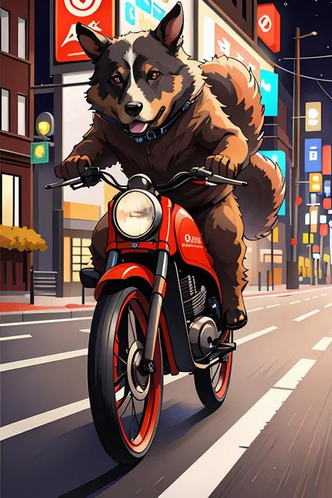 dog riding a neon bike in the night, digital art, hd, high quality, trending on artstation