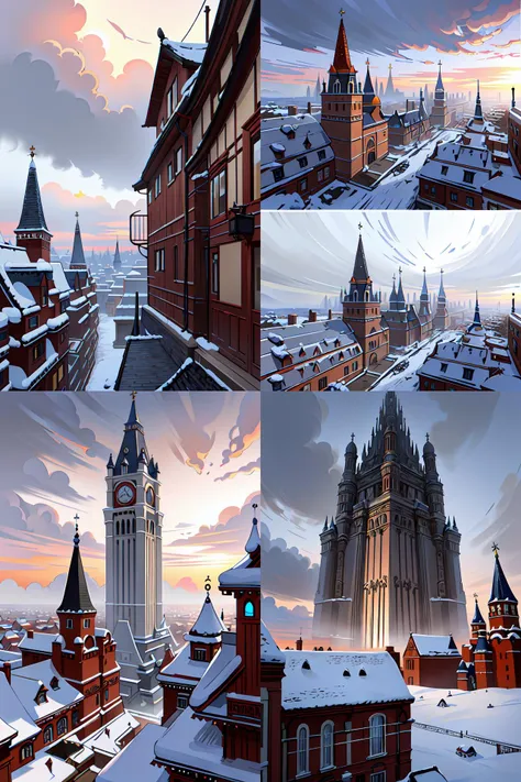 view down from a vertical towering structure, dense, towers, towering blocks, bridges, russian style, snow, roofs, stormy sunset, airships, wide angle lens, concept art, highly detailed, 8k, hyper realistic, unreal engine