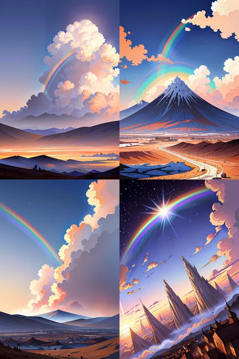detailed matte painting of noah's ark landing on mount ararat, double rainbow in a clear blue sky, art by dan mumford and yusuke murata and makoto shinkai and ross tran, cosmic, heavenly, god rays, intricate detail, cinematic, 8 k, cel shaded, unreal engine, featured on artstation, pixiv
