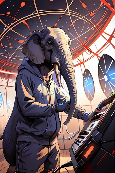 a hyperrealistic 3D octane render of an elephant wearing virtual reality goggles playing a synthesizer inside of a geodesic dome planetarium with planets and galaxies, trending on artstation, 8k, 4K, dramatic lighting, glowing, volumetric lighting, ray tracing, unreal engine