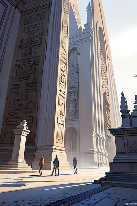 the inside of a monument with egyptian motifs, by tim blandin and arthur haas and bruce pennington and john schoenherr, big windows architecture by zaha hadid, octane render, warm colour scheme, white, cinematic, scenery, cgsociety, modernism, futuristic, trending on artstation, sci - fi, high detail, high quality, close up angle, people walking