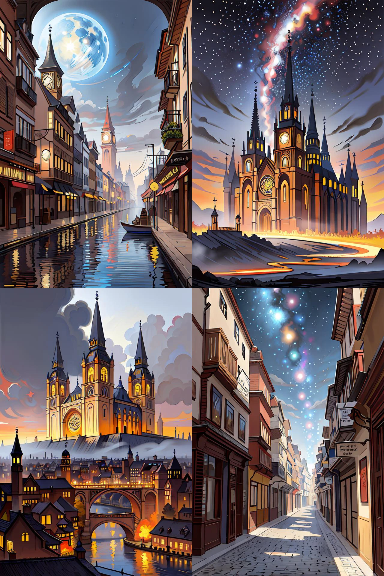 breathtaking oil painting of a fiery medieval city landscape with moody dark tumultuous clouds, palette knife, at blue dawn with strokes of light and golden petals flying, galaxy and cosmos nebulae, art nouveau cathedral on the shore, rembrandt style, concept art, matte, by georgia hart,