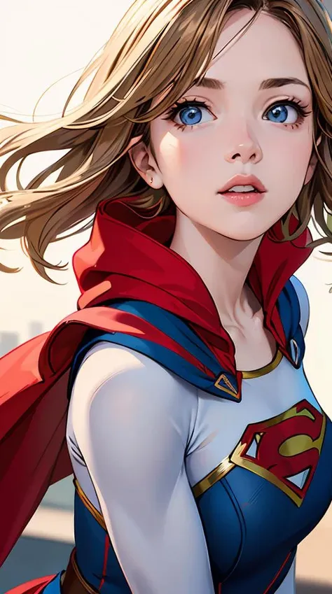 supergirl, hair blonde, cape red, realistic, (masterpiece:1.2) (photorealistic:1.2) (bokeh) (best quality) (intricate details) (8k) (HDR) (analog film) (canon d5) (cinematic lighting) (sharp focus),