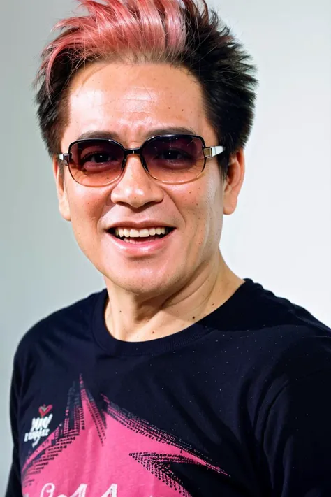 best quality, ultra high res, (photorealistic:1.4), masterpiece, blurry background,indoors,1boy,30 years old,standing ,(looking at viewer),(pink hair:1.3)black shirt, Blue sunglasses,<lora:gaolingfeng:0.8>