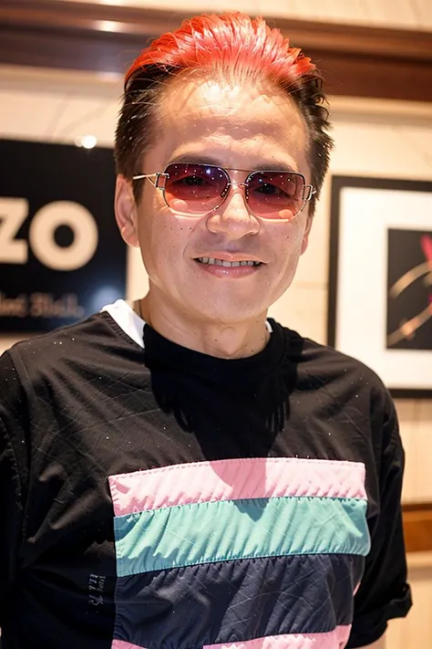 best quality, ultra high res, (photorealistic:1.4), masterpiece, blurry background,indoors,1boy,30 years old,standing ,(looking at viewer),(pink hair:1.3)black shirt, Blue sunglasses,<lora:gaolingfeng:0.8>