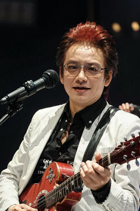 best quality, ultra high res, (photorealistic:1.4), masterpiece, Concert background,1boy,standing,On stage,Play the guitar,sing(looking at viewer), (red hair:1.5)<lora:gaolingfeng:0.8>