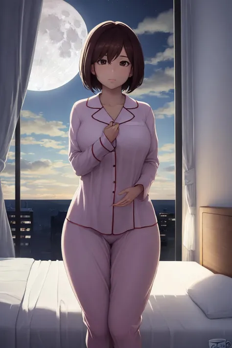 (masterpiece, best quality:1.2), <lora:coffeeslice:.85>, coffeeslice, 1girl, intravenous drip, solo, night, sky, cloud, moon, hospital gown, pajamas, blue theme, black hair, night sky, full moon, hospital bed, short hair, bed, dark, standing, scenery, indoors, brown hair, brown eyes, window, black eyes, cloudy sky