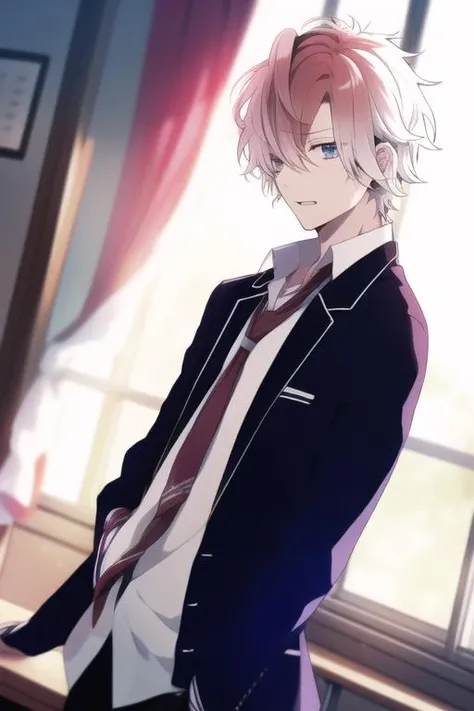 <lora:kou-10:0.8>, mukami_kou, 1boy, male focus, solo, best quality, masterpiece, detailed, absurdres, school, classroom, school uniform, looking to the side