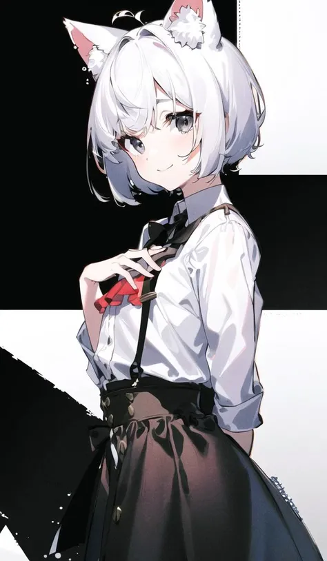 (best ratio 4fingers), (arm + hand + 1thumb + 4fingers), (Five_fingers_each), (Perfect_hands), (extremely detailed hands), (masterpiece:1.2), (best quality:1.1), ((1girl)), ((solo_girl)), ((female_solo)), (small_head), (upper_body:1.4), eyeliner, detailed_face, (white hair:1.3), (short_hair), (undercut), (black eyes:1.2), (happy_smile), (closed_mouth), (white buttoned shirt:1.2), (black skirt:1.4), (arms_behind_back), (standing:1.2), (dynamic_angle:1.0),cat ears