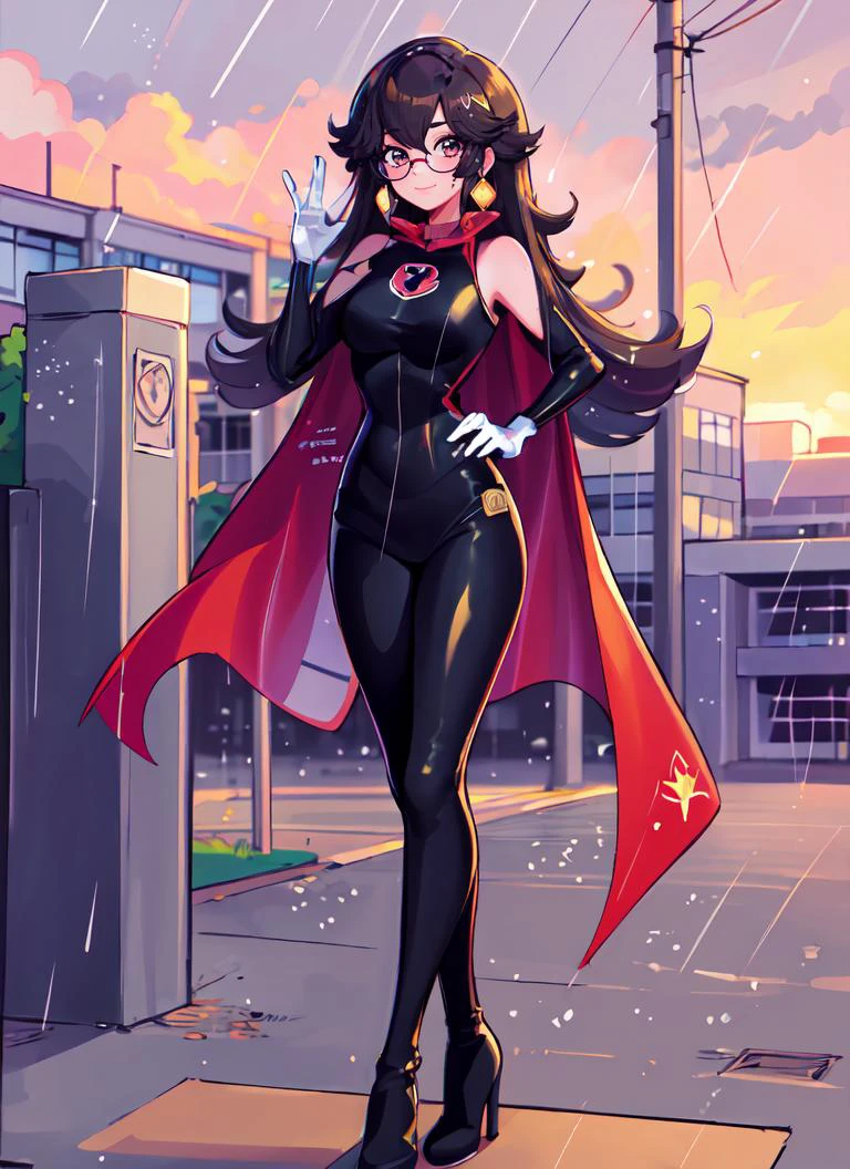 ((best quality)), ((highly detailed)), masterpiece, extremely detailed face, beautiful face, , <lora:more_details:.2>, (1girl), (glasses), dynamic pose, full body, superhero, spandex bodysuit, skin tight clothes, long cape, gloves, knee boots, (flying), smile, (outside, <lora:school_outdoors_v0.2:1>, at a school, building, gate, fence, sunset, raining), <lora:meowwniz:.9>, Meowwniz
