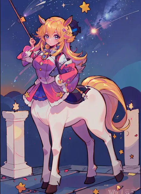 ((best quality)), ((highly detailed)), masterpiece, detailed face, beautiful face, , (1girl), close-up, dynamic pose, full body, ((wide shot)), <lora:hairdetailer:1>, <lora:aiomonstergirls_aiov4LoraLycoris:.3>, <lora:animeCentaur_v10:1>, (centaur), taur, horse ears, centauroid, hooves, (outdoors, at an altar, night, night sky, stars, blue moon, shooting star, telescope, hurricane), <lora:meowwniz:1>, Meowwniz