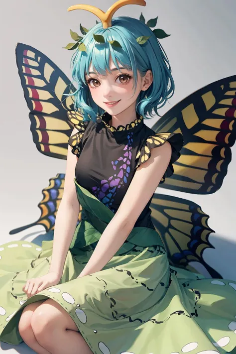 masterpiece, best quality,  <lora:EternityLarva:1>,1girl, antennae, leaf on head,short hair, aqua hair, brown eyes,   butterfly wings,  short sleeves, multicolored clothes,multicolored dress,fairy,grey background, smile