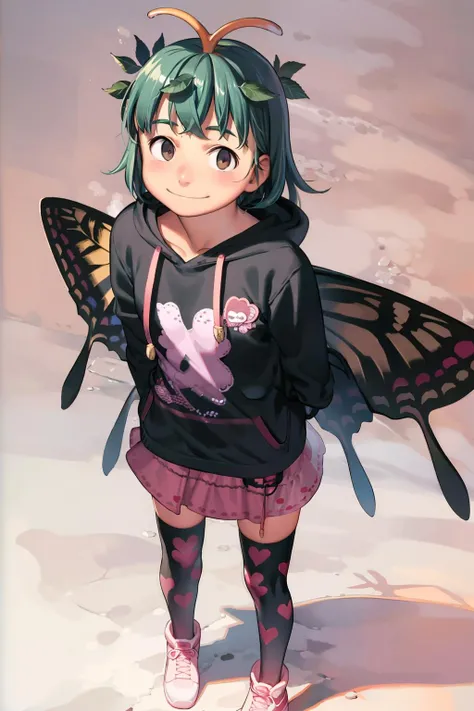 masterpiece, best quality, <lora:EternityLarva:1>, <lora:comiclo:1>,1girl, solo, skirt, thighhighs, antennae, heart, hood, wings, butterfly wings, one eye closed, leaf, bag, full body, backpack, shirt, short hair, jacket, heart print, pink skirt, black thighhighs, boots, black shirt, long sleeves, standing, leaf on head, aqua hair, hooded jacket, pink footwear, argyle background, hoodie, miniskirt, hood down, alternate costume, argyle, looking at viewer, leaf hair ornament, zettai ryouiki, smile, brown eyes, open jacket, hair ornament, open clothes, blush