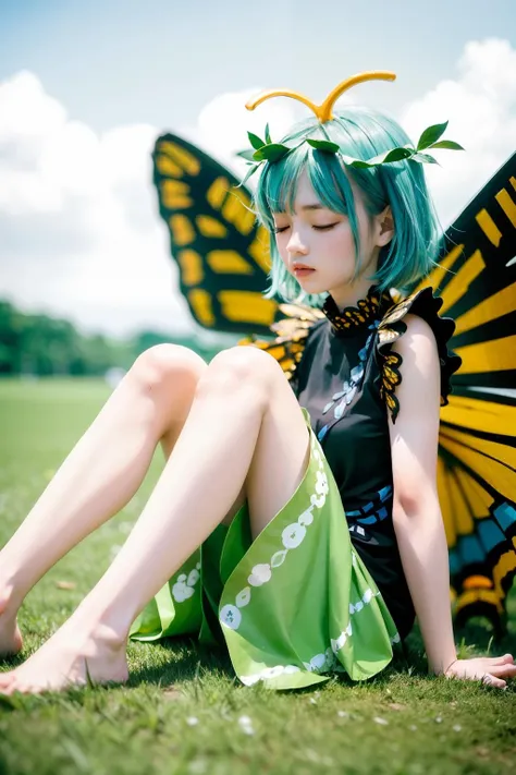 masterpiece, best quality, 1girl, wings, butterfly wings, dress, green dress, antennae, short hair, solo, leaf, fairy, aqua hair, closed eyes, leaf on head, barefoot, full body, knees up, short sleeves, blurry, multicolored dress