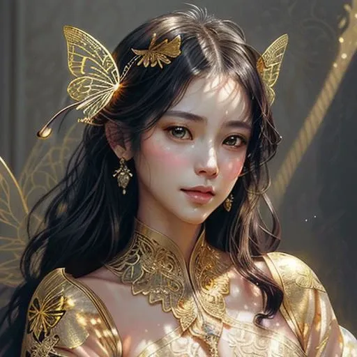 , gold butterfly filigree , Backlight , golden section composition , (masterpiece , finely detailed beautiful eyes: 1.2) ,8k , portrait , intricate , elegant , highly detailed , majestic , digital photography , art by artgerm and ruan jia and greg rutkowski surreal painting , hdr ,<lora:more_details:0.6> , glddrp <lora:glddrp_2:0.5>,