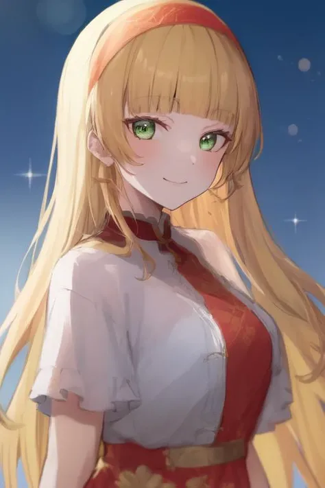 masterpiece, best quality, best quality, (Intricate detailed:1.2), beautiful eyes, 1girl, solo, outdoors, blue sky, cloudy, bokeh, lens flare, anamorphic lens flare, depth of field, seductive face, seductive smile, heanna_sumire, yellow hair, red headband, <lora:sumire:1.2>