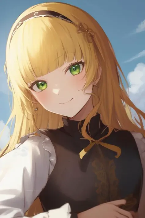 masterpiece, best quality, best quality, (Intricate detailed:1.2), beautiful eyes, 1girl, solo, outdoors, blue sky, cloudy, bokeh, lens flare, anamorphic lens flare, depth of field, seductive face, seductive smile, heanna_sumire, yellow hair, red headband, <lora:sumire:1.2>
