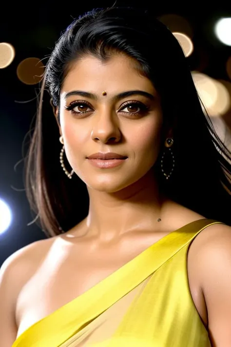 headshot photo of kajol, 30-year-old, skindentation, close up, glamor photo, natural skin color, night time bokeh, yellow halterneck dress <lyco:kajol_lyco_locon:1>,