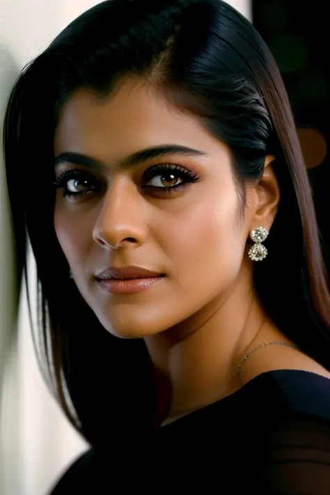 headshot photo of kajol, 30-year-old, skindentation, close up, glamor photo, natural skin color, night time bokeh,  turtleneck dress <lyco:kajol_lyco_locon:1>,