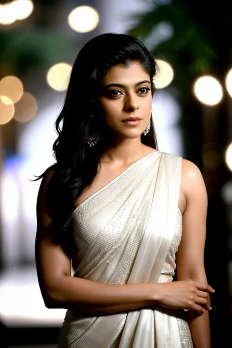 headshot photo of kajol, 30-year-old, skindentation, glamor photo, natural skin color, night time bokeh, white dress <lyco:kajol_lyco_locon:1>,