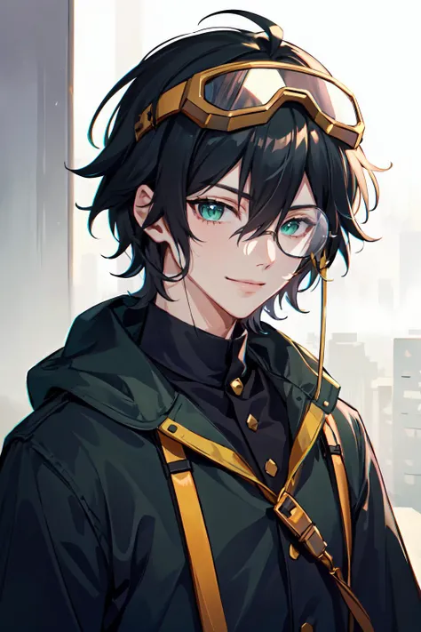 <lora:monocle_2:1> monocle,, ultra detailed, masterpiece, best quality, aesthetic, detailed,, ultra detailed, masterpiece, best quality, solo, smile, 1boy, green eyes, short hair, black hair, bangs, hair between eyes, messy hair, (goggles on head:1.2),