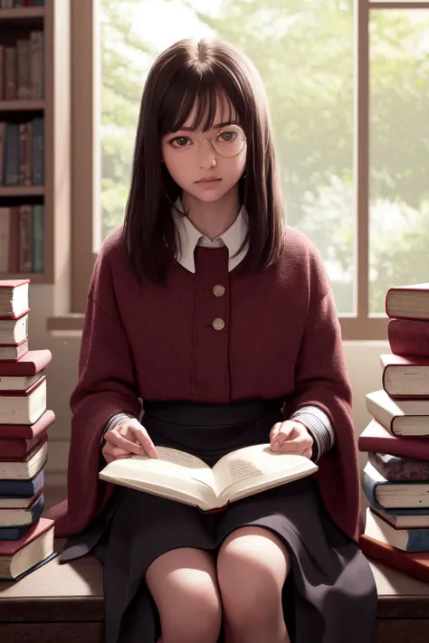masterpiece, best quality, highres, 1girl monocle <lora:monocle_2:1> photorealistic, sitting, holding books, book stack