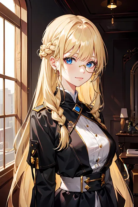<lora:monocle_2:1> monocle,, ultra detailed, masterpiece, best quality, aesthetic, detailed,, solo, soft smile, light smile,
1girl, blue eyes, very long hair, blonde hair, long blonde hair, french braid, bangs, medium breasts,