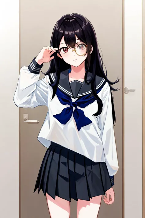 masterpiece, best quality, highres, 1girl monocle <lora:monocle_2:1> serafuku, school uniform, pleated skirt