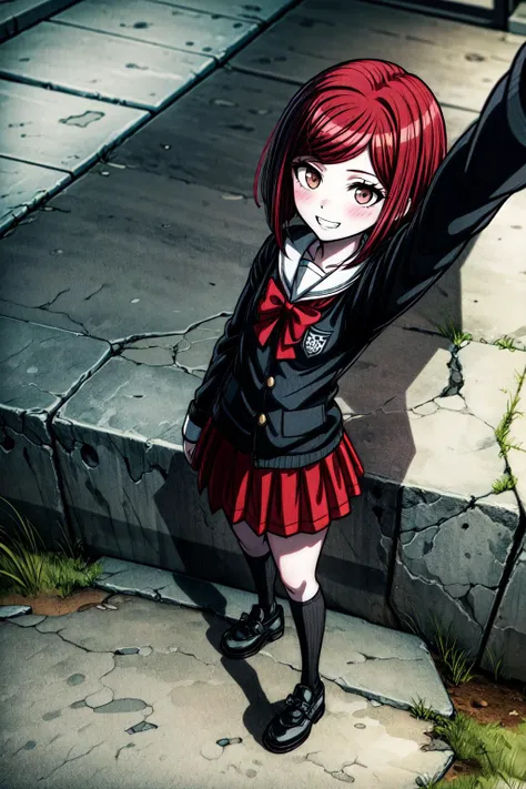 yumeno himiko, 1girl, solo, looking at viewer, blush, short hair, bangs, selfie, long sleeves, street, bow, brown eyes, teeth, school uniform, standing, full body, smile, pale skin, flat chest, eyelashes, red hair, pleated skirt, shoes, alternate costume,  miniskirt, bowtie, sailor collar, black footwear, red bow,  blue skirt, white kneehighs socks, red bowtie
<lora:more_details:1>,  <lora:HimikoYumeno:0.7>