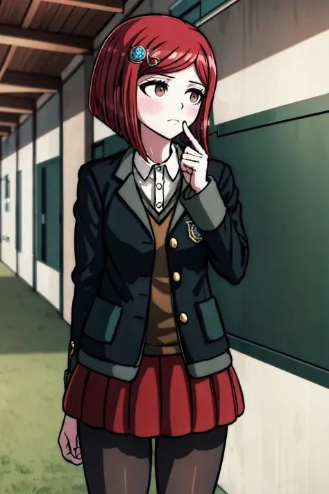 yumeno himiko, 1girl, solo, looking away, blush, short hair, red hair, bangs, brown eyes, hair ornament,
BREAK school uniform, black jacket, collared shirt, brown cardigan, open jacket, pleated skirt, open clothes, red miniskirt, black pantyhose,
lapels, badge,
BREAK hallway, inside, finger biting,
BREAK <lora:HimikoYumenoSSE:0.7>