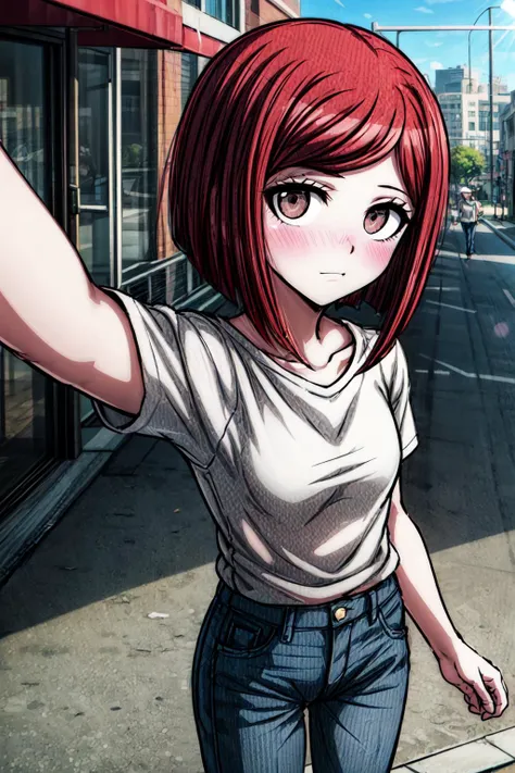 yumeno himiko, 1girl, solo, looking at viewer, blush, short hair, red hair, bangs, brown eyes, white t-shirt, jeans, shirt tucked in, selfie, sunlight, city, street, building,
<lora:more_details:1>, <lora:HimikoYumenoSSE:0.7>