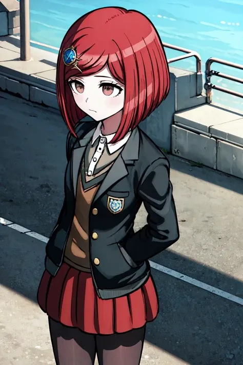 yumeno himiko, 1girl, solo, looking away, short hair, red hair, bangs, brown eyes, hair ornament,
BREAK school uniform, black jacket, collared shirt, brown cardigan, open jacket, pleated skirt, open clothes, red miniskirt, black pantyhose,
lapels, badge,
BREAK school yard, blue sky, (ill)), covering mouth,
BREAK <lora:HimikoYumenoSSE:0.7>
