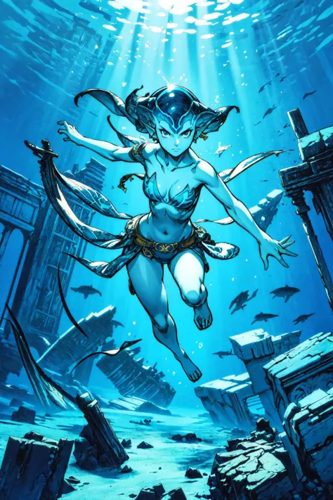 1girl, solo, cowboy shot, dynamic pose. swim, <lora:ruto_oot_v1:0.7>, Ruto_Zelda, underwater, temple, ruins, <lora:add_detail:0.7>, detailed face, detailed eyes,