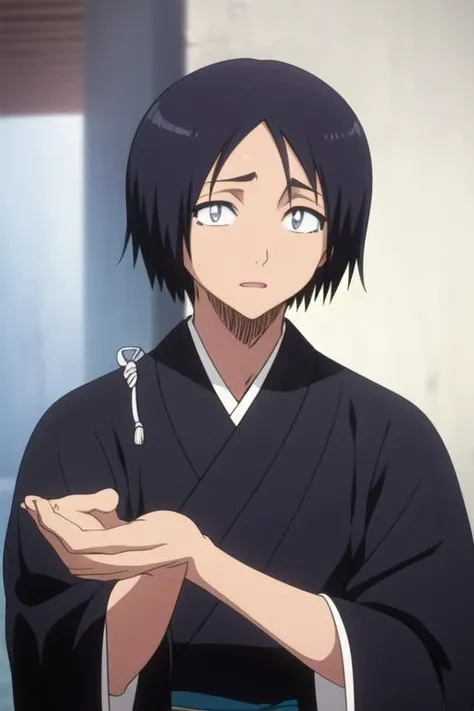 masterpiece, best quality, high quality, 1boy, solo, male focus, looking at viewer, upper body, <lora:yamada_hanatarou:0.74>, yamada_hanatarou, japanese clothes, black kimono, <lora:Realism-10:0.20>, Realism