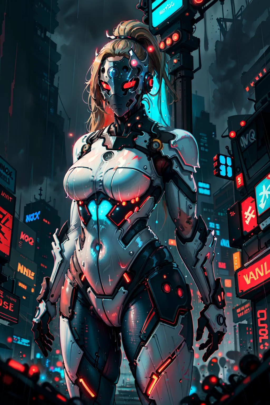 (masterpiece, best quality, high quality, highres:1.4), detailed, extremely detailed, ambient soft lighting, 4K, 1girl, (mature female, milf:1.2), (very detailed hair:1.3), long hair, (blonde hair, high ponytail:1.3), (masktag:1.3), curvy, voluptuous, wide hips, narrow, thick eyelashes, waist, (red and white nanosuit, armor:1.4), city street, (cyberpunk, neon lights, rain:1.3), detailed background, <lora:milfWeightEdit_v1:0.5> <lora:nanosuit_v10:0.5> <lora:Mask LoRA:0.8>