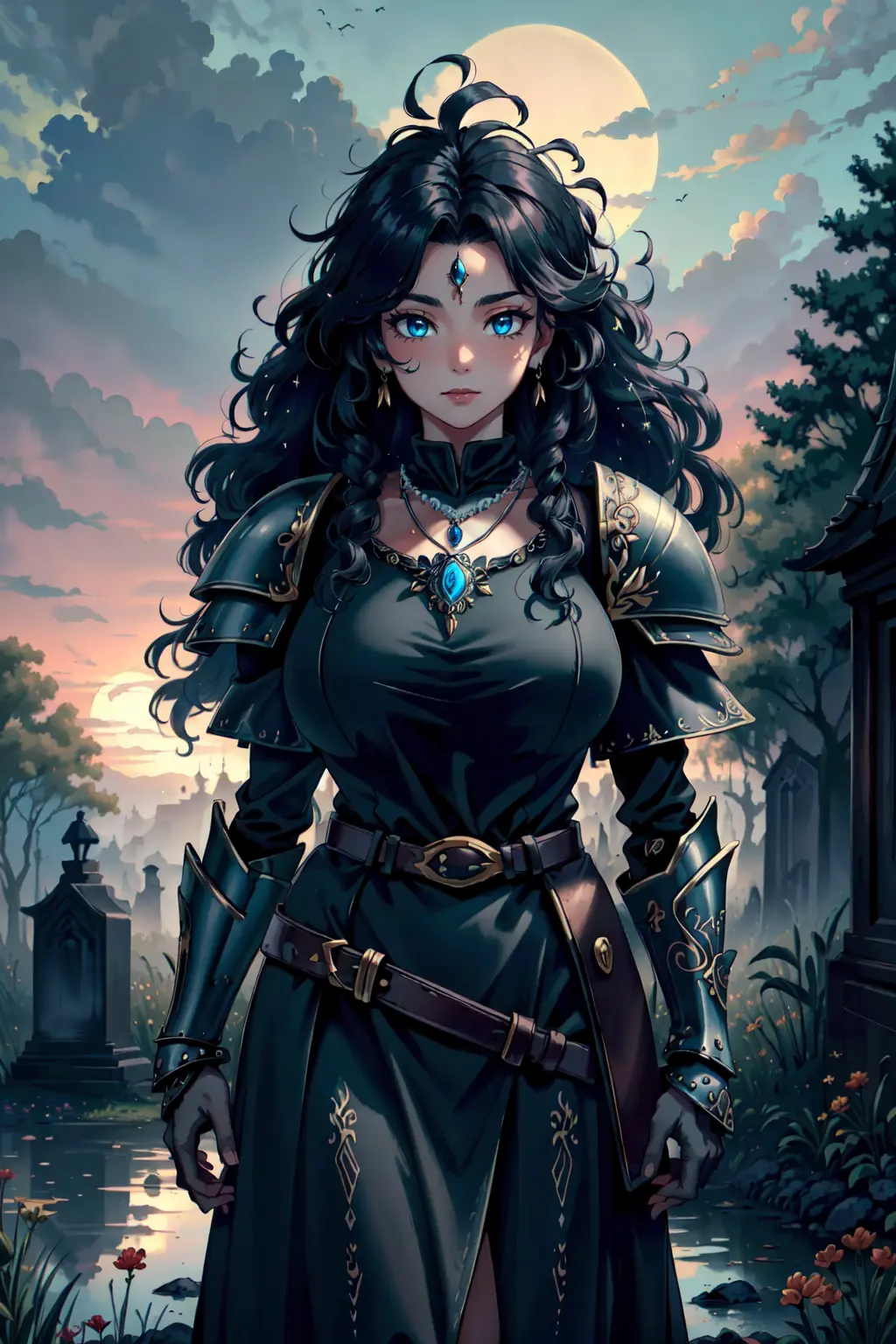 (masterpiece, best quality, high quality, highres:1.4), detailed, extremely detailed, ambient soft lighting, 4K, 1girl, (milf:1.2), (Solo:1.4), standing, (face focus:1.2), long hair, (black hair:1.2), (big hair:1.4), (blue eyes, closed mouth:1.2), curvy, voluptuous, huge breasts, (bursting breasts:1.2), wide hips, narrow waist, dark lipstick, thick eyelashes, eyeshadow, (jewelry, necklace, embroideries, richly detailed black dress, armor, pauldron, gauntlets, belt:1.3), outdoor, wild landscape, trees, dead trees, swamp, flowers, (dusk, darkening sky, setting sun:1.2), tombstones, mist, fairytaleaie, gothichorrorai <lora:milfWeightEdit_v1:0.5> <lora:LoconBurstingBreasts_v1:0.7> <lora:fairytaleai_v10:0.4> <lora:gothichorrorai_v10:0.4>
