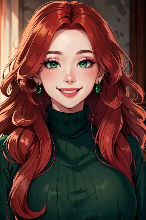 (masterpiece, best quality, high quality, highres:1.4), detailed, extremely detailed, ambient soft lighting, 4K, 1girl, (mature female, milf:1.2), (portrait:1.2), long hair, (red hair:1.2), (big hair:1.4), (green eyes, smiling:1.2), (laugh lines:1.3), purple lipstick, thick eyelashes, eyeshadow, (black turtleneck:1.2)