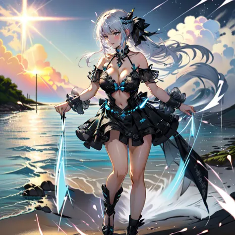 <lora:morganLeFayLora_v20:0.8>, morgan\(nsfw\), black dress,bow,black bow,bikini, ((masterpiece)), ((best quality)), ((ultra-detailed)), (intricate detail), (illustration), (Highest Quality, Amazing Details:1.4), (1girl), beach, full body, breast out, large breasts, detailed face, happy mood