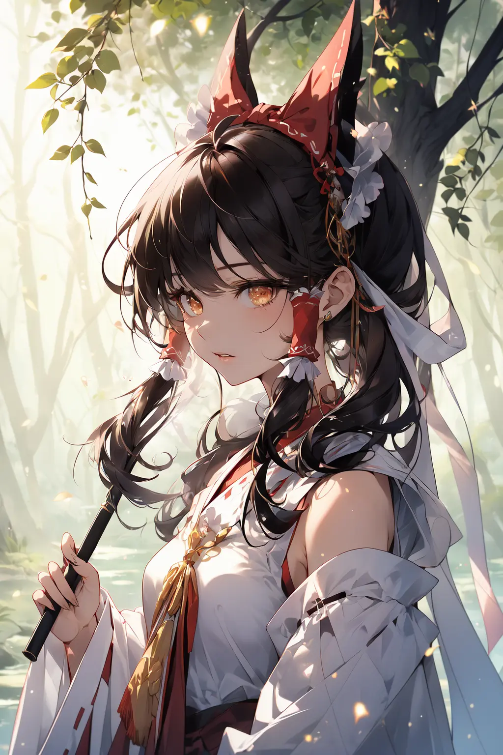 (KComic:1.2), detailed background, masterpiece, best quality, 1girl, hakurei reimu, brown hair, hair tubes, hair ribbon, brown eyes, nontraditional miko, a forest full of purple and white trees, fireflies, water, purple theme, white theme, mystical, magical,