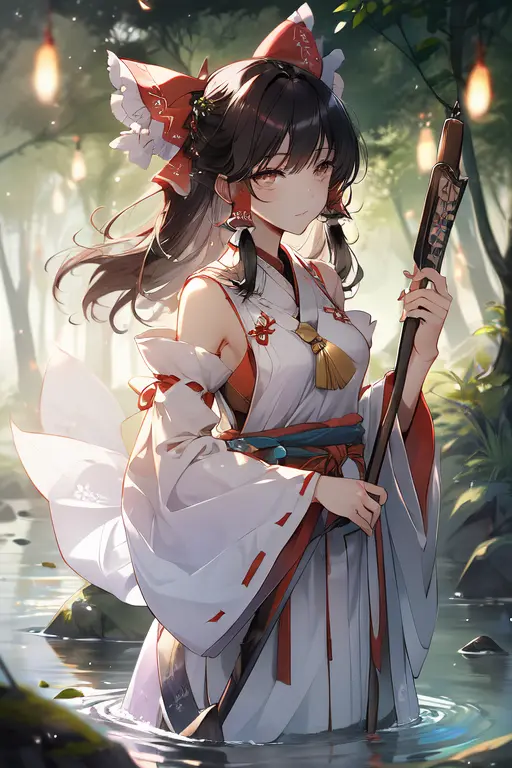 (KComic:1.2), detailed background, masterpiece, best quality, 1girl, hakurei reimu, brown hair, hair tubes, hair ribbon, brown eyes, nontraditional miko, a forest full of purple and white trees, fireflies, water, purple theme, white theme, mystical, magical,