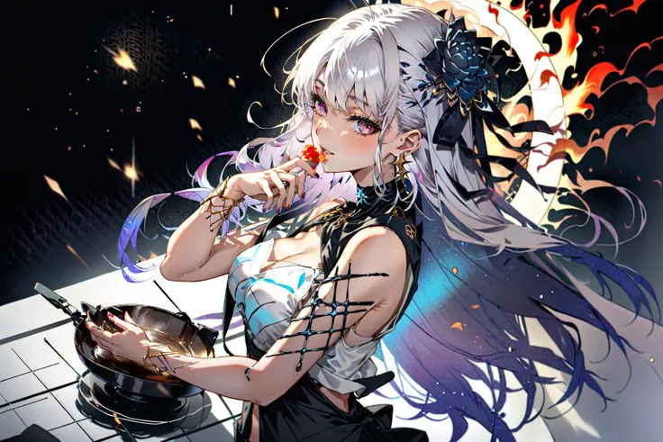 <lora:kamaFateGrandOrder_v10a:0.8> bare shoulders, blue fire,body markings, bracelet, breasts, earrings, fire, flower, hair flower, hair ornament, hair ribbon, jewelry, large breasts, long hair, lotus, nail polish, revealing clothes, ribbon, star earrings, thighs, two-tone hair, bangs, navel, apron, black_choker, black_shorts, choker, cooking, from_side, hair_ornament, holding, off_shoulder, plate, red_apron, shirt, short_shorts, shorts, smile, solo, streaked_hair, tail, tasting, tasting_plate, white_shirt, kitchen background, ((masterpiece)), ((best quality)), ((ultra-detailed)), (intricate detail), (illustration), (Highest Quality, Amazing Details:1.4)