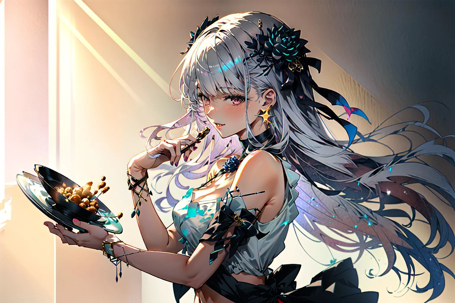 <lora:kamaFateGrandOrder_v10a:0.8> bare shoulders, blue fire,body markings, bracelet, breasts, earrings, fire, flower, hair flower, hair ornament, hair ribbon, jewelry, large breasts, long hair, lotus, nail polish, revealing clothes, ribbon, star earrings, thighs, two-tone hair, bangs, navel, apron, black_choker, black_shorts, choker, cooking, from_side, hair_ornament, holding, off_shoulder, plate, red_apron, shirt, short_shorts, shorts, smile, solo, streaked_hair, white_shirt, kitchen background, ((masterpiece)), ((best quality)), ((ultra-detailed)), (intricate detail), (illustration), (Highest Quality, Amazing Details:1.4)