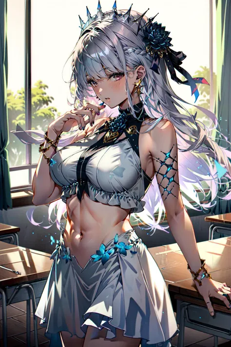 <lora:kamaFateGrandOrder_v10a:0.8> bare shoulders, blue fire,body markings, bracelet, breasts, earrings, fire, flower, hair flower, hair ornament, hair ribbon, jewelry, large breasts, long hair, lotus, nail polish, revealing clothes, ribbon, star earrings, thighs, two-tone hair, bangs, navel, in the classroom, teasing , looking at viewer, school desk,  ((masterpiece)), ((best quality)), ((ultra-detailed)),  (intricate detail), (illustration), (Highest Quality, Amazing Details:1.4)