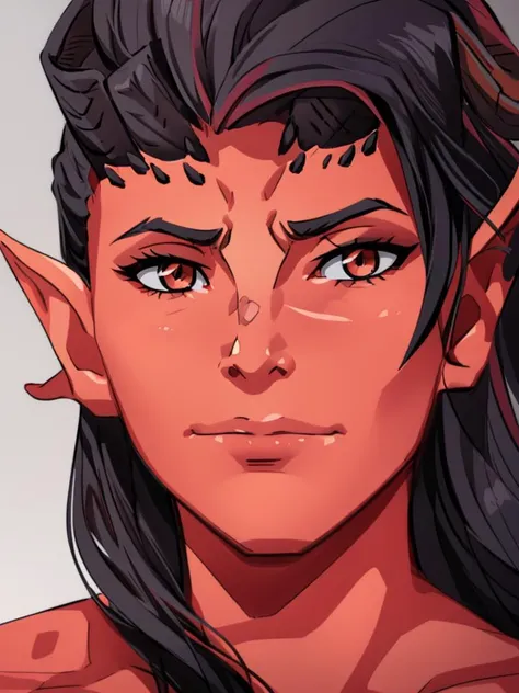 simple grey background, extremely detailed, beautiful face, soft lighting, highly detailed face,
woman, adult,
Close up portrait,
demon girl: 0.5, red skin, horns,
hair_between_eyes,
black hair,
(straight-on), (looking_at_viewer),
toned,
frowning,
solo,
highres,  <lora:BGKarlach:0.9> BGKarlach